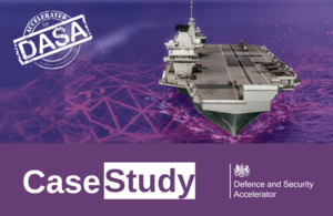 Image on a Queen Elizabeth Aircraft Carrier against a purple digital background, alongside an "Accelerated by DASA" logo