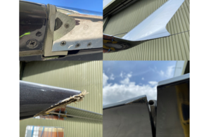 Damage to LX-NST Clockwise from top left – slat, winglet, aileron, flap fairing.