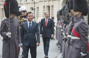 Kazakhstan Defence Minister, Adilbek Dzhaksybekov, inspects the Guard of Honour [Picture: Sergeant Adrian Harlen, Crown copyright]