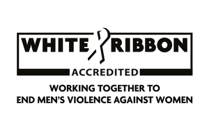 White Ribbon Accredited logo with the words ‘working together to end men’s violence against women’