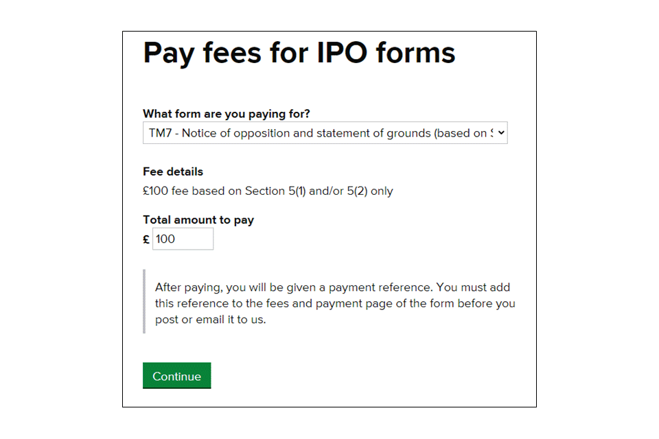 Selecting a form on the paying for IPO forms system