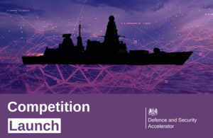 A silhouette of a naval ship with a purple background. Text reads 'competition Launch'.
