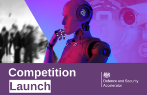 Competition launch text in a purple banner at base. Behind a robot looks onto a blurred crowd.