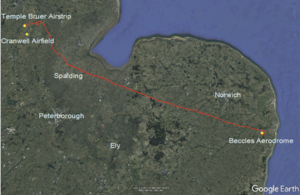 Aircraft track from Temple Bruer to Beccles Aerodrome (©2202 Google, Image © Landsat / Copernicus)
