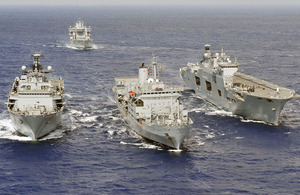 Response Force Task Group ships HMS Ocean, RFA Fort Rosalie and HMS Albion, with RFA Wave Knight in the background, during Cougar 11 (stock image)