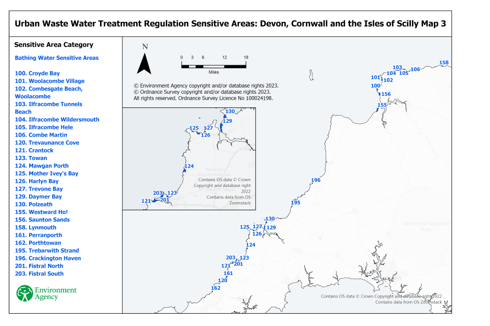 Чувствительные районы Девон, Корнуолл и острова Силли карта 3