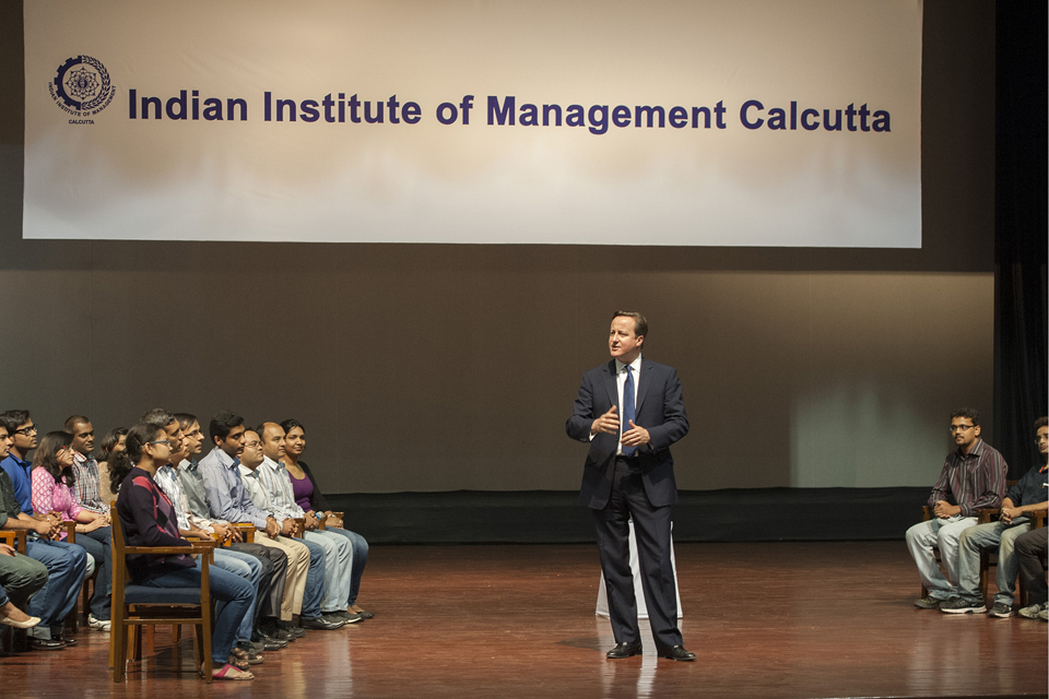David Cameron speaking at the Indian Institute of Management in Calcutta.