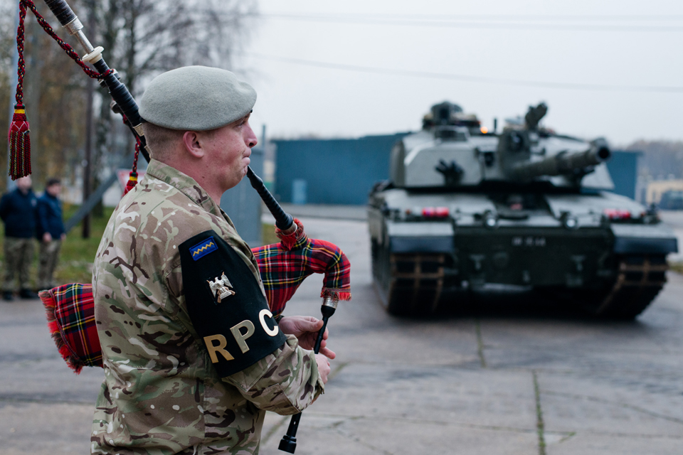 The last of the Challenger 2 main battle tanks is piped out of Wessex Barracks 