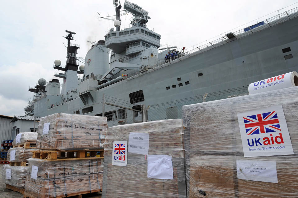 UK Aid humanitarian relief supplies on the dockside in Singapore