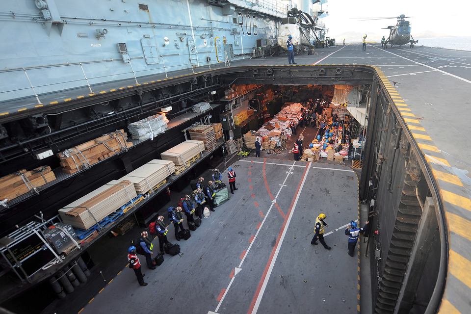 Aid stored inside the hangar of HMS Illustrious 