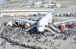 Airbus employees and their families visit an A380 on static display during the Toulouse facility's family day