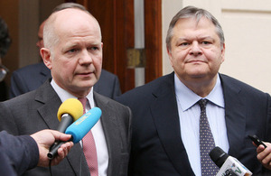 Foreign Secretary William Hague and Evangelos Venizelos, Greek Deputy Prime Minister answer questions from the media in London, 28 November 2013.