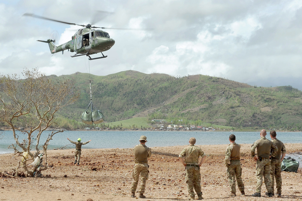 A Lynx Mk7 helicopter delivering supplies