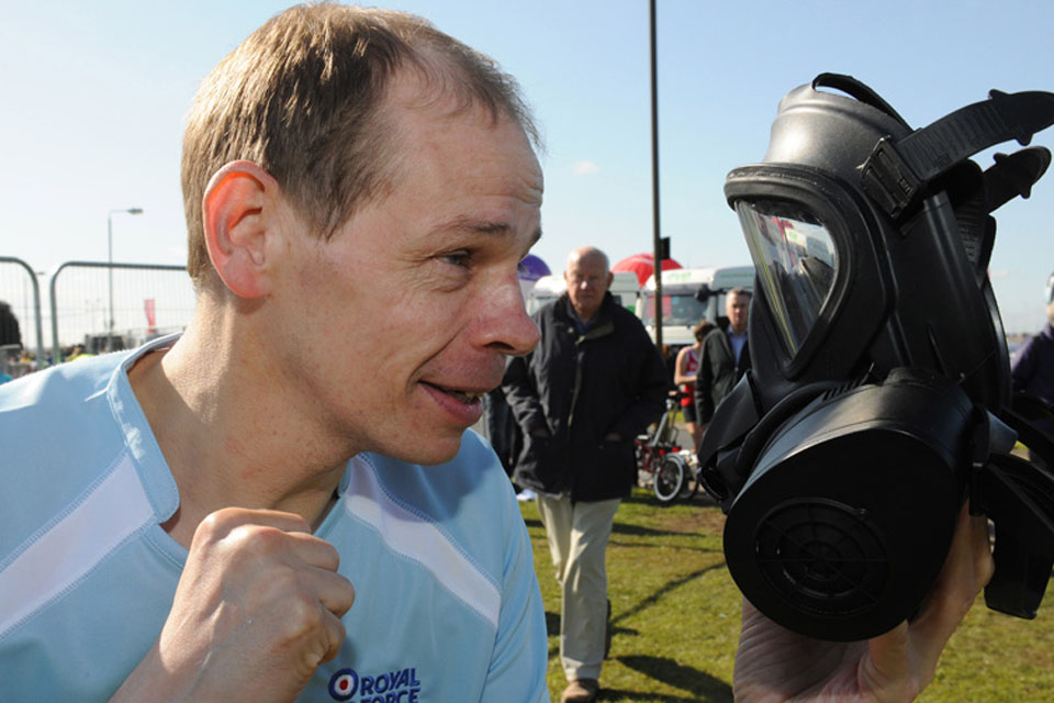 Lance Corporal Andy MacMahon, with his General Service Respirator 