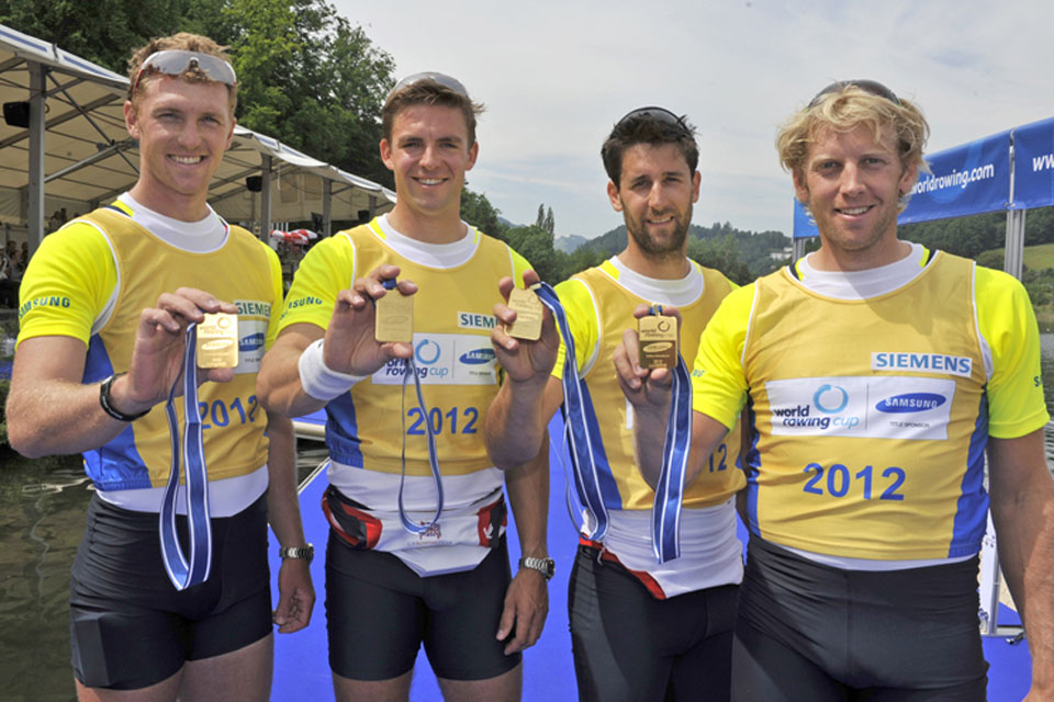 Coxless four gold medallists. Left to right: Alex Gregory, Lieutenant Pete Reed, Tom James and Andy Triggs Hodge