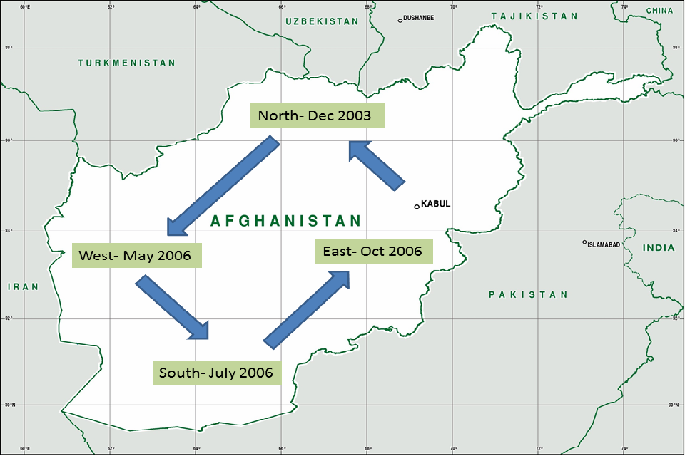 Map showing the expansion of the International Security Assistance Force (ISAF) across Afghanistan: north (December 2003), west (May 2006), south (July 2006), east(October 2006).