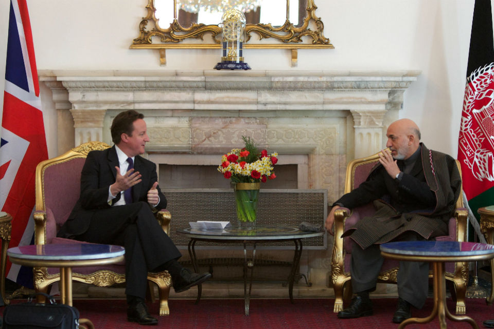 Prime Minister David Cameron with Afghan President Hamid Karzai.
