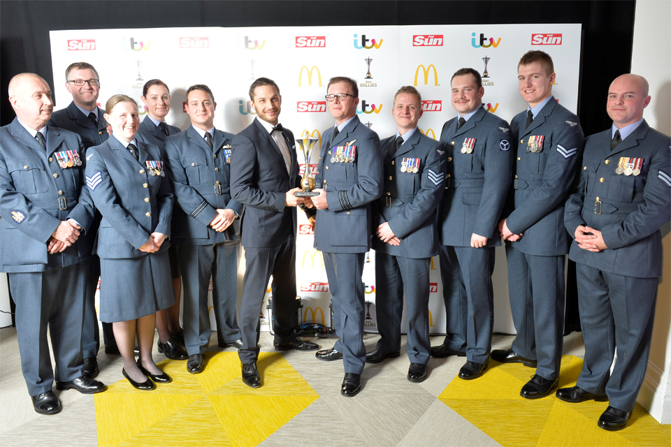 Tom Hardy (centre) with members of the 904 Expeditionary Air Wing Tornado Detachment