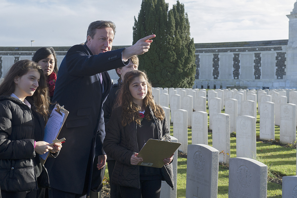 David Cameron with a group of schoolchildren in Ypres