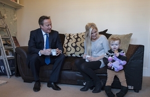 David Cameron meets Sharon Ray who has finally been able to purchase her own home with the Help to Buy scheme.