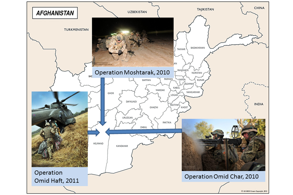 Joint operations map showing locations of Operation Moshtarak (2010 in Helmand), Operation Omid Haft (2011 in Helmand) and Operation Omid Char (2010 in Paktika).