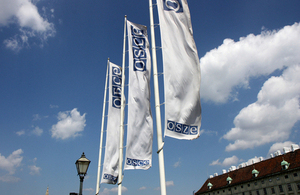 Flags outside the OSCE headquarters in Vienna, Austria