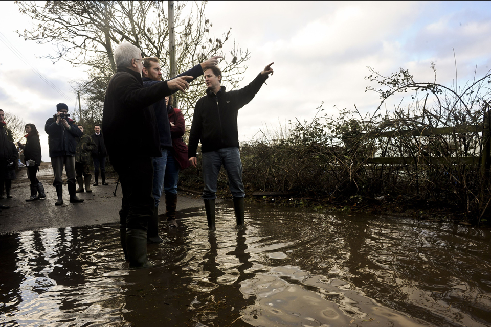 Deputy Prime Minister Nick Clegg visits the flooding sites at Burrowbridge, Somerset.