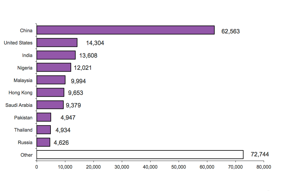 The chart shows visas issued for the purposes of study by nationality for 2013. The chart is based on data in Table be 06 q s.