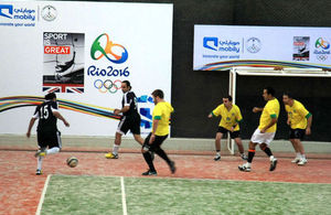 Players from the Saudi national team, British Embassy, Brazilian Embassy and Mobily play a friendly football match to celebrate the London 2012 Legacy