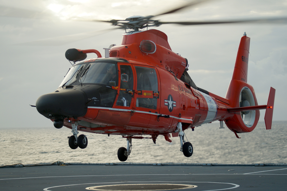 A US Coast Guard Dolphin helicopter