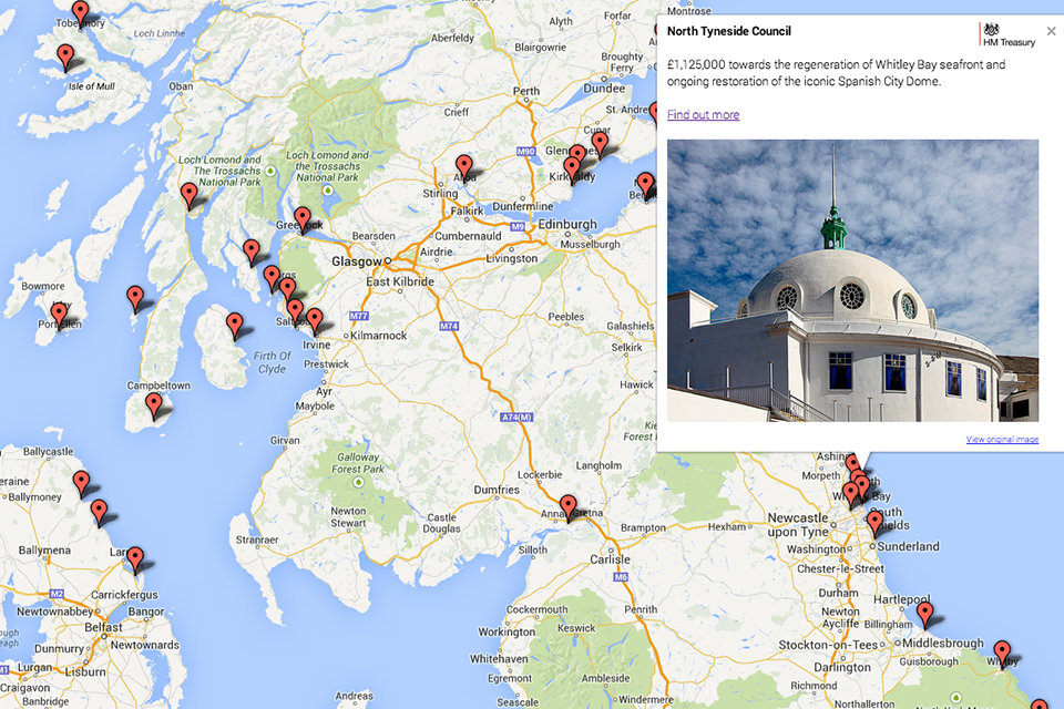 Map of projects that have benefitted from Coastal Communities fUNDING