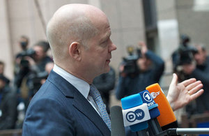 William Hague speaking to media outside the EU Foreign Affairs Council