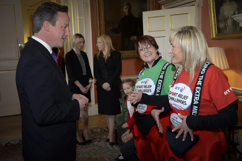 David Cameron welcomes Sport Relief fundraisers to 10 Downing Street. 