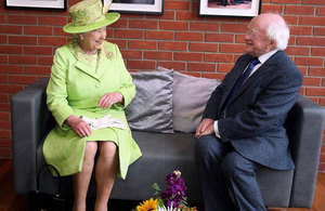 Queen Elizabeth II and President Michael D. Higgins during a visit to the Lyric Theatre in Belfast in 2012.