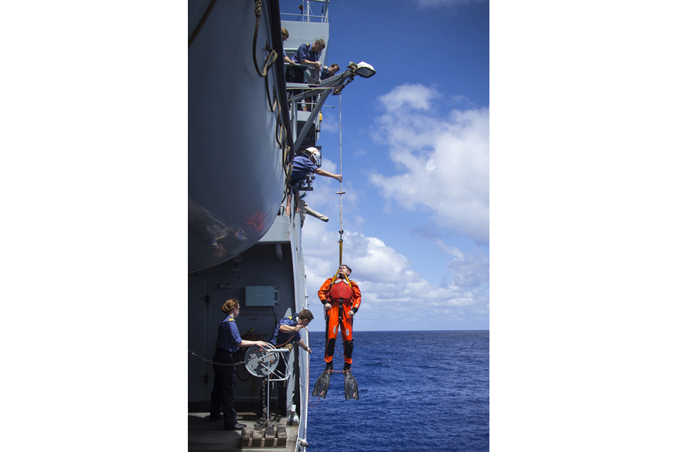 HMS Echo's swimmer of the watch is recovered from the water