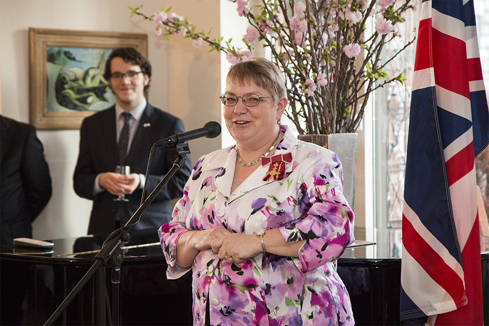 Judy O'Rourke says a few words at the reception.