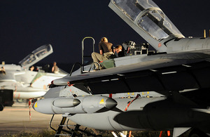 Ground crew from No 2 (Army Cooperation) Squadron RAF working on a Tornado aircraft at Gioia del Colle airbase in southern Italy