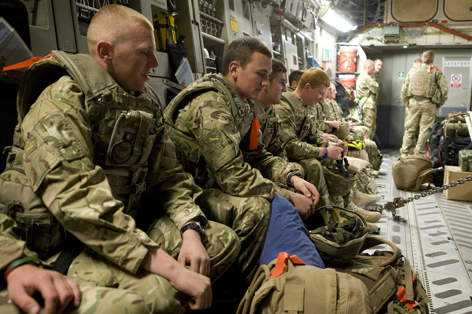 Kingsmen from 1st Battalion The Duke of Lancaster's Regiment on board an RAF C-17 Globemaster