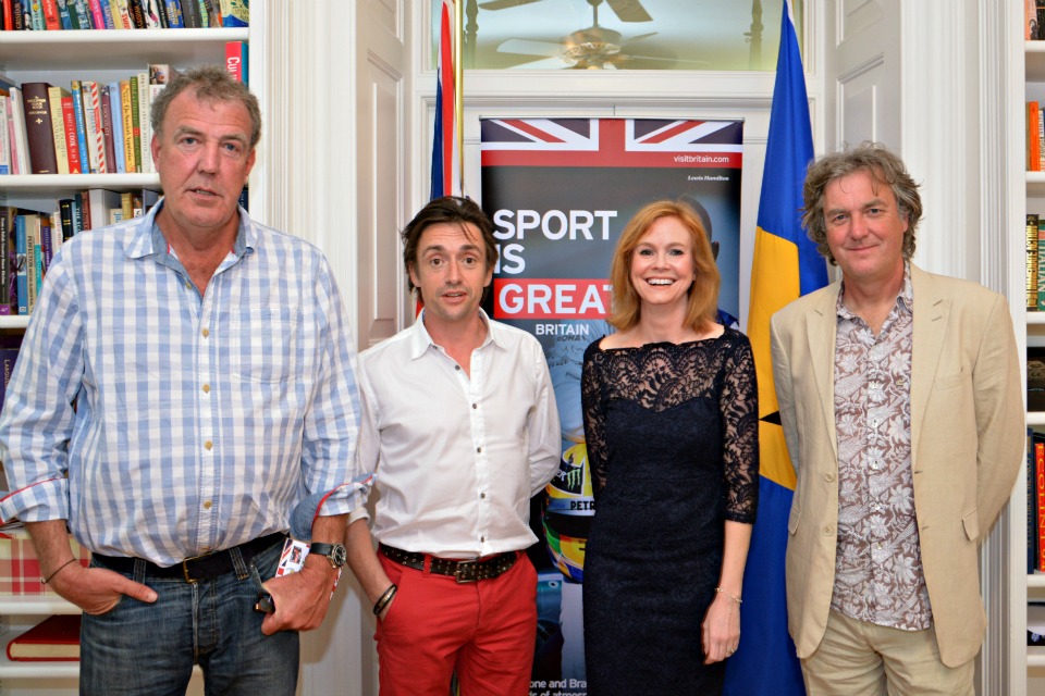 High Commissioner Victoria Dean welcoming [from left] Jeremy Clarkson, Richard Hammond and James May