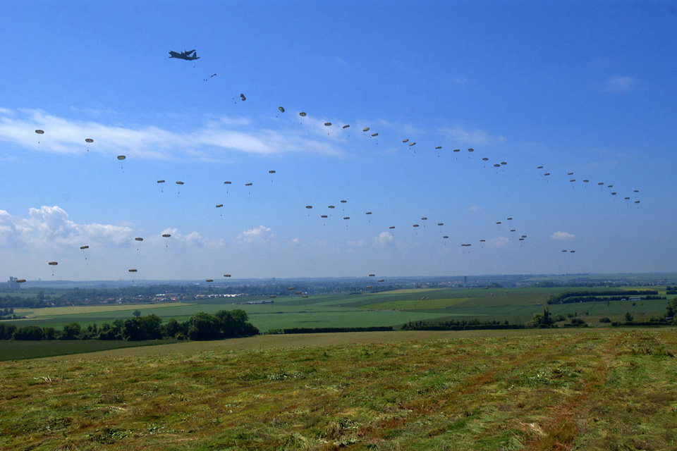 British paratroopers jump onto a Normandy landing zone