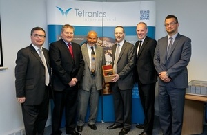 Lord Livingston at Tectronics. From L Robert Buckland, MP for Swindon South, Graeme Rumbol, CEO Tetronics International, Paris Moayedi, Chairman of Tetronics, Lord Livingston, Justin Tomlinson, MP for Swindon North, Rolf Stein, CEO of Advanced Plasma