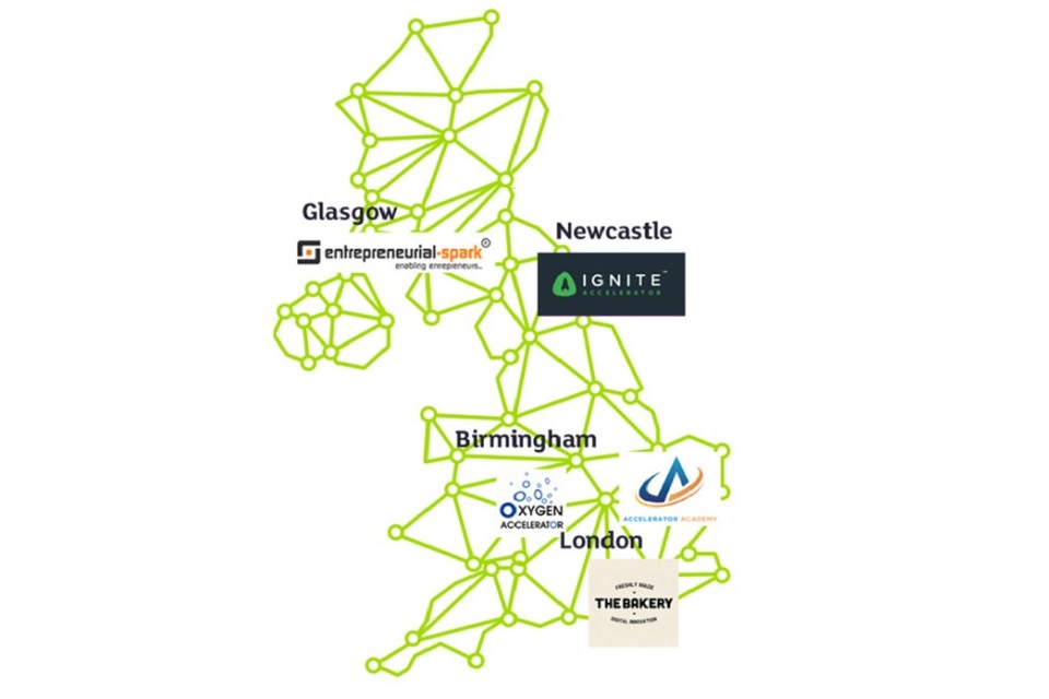 Map showing where the Business Accelerators are located in the UK