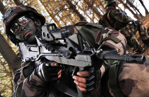 A French soldier from 8th Marine Infantry Parachute Regiment taking part in Exercise Boars Head at Otterburn Training Area