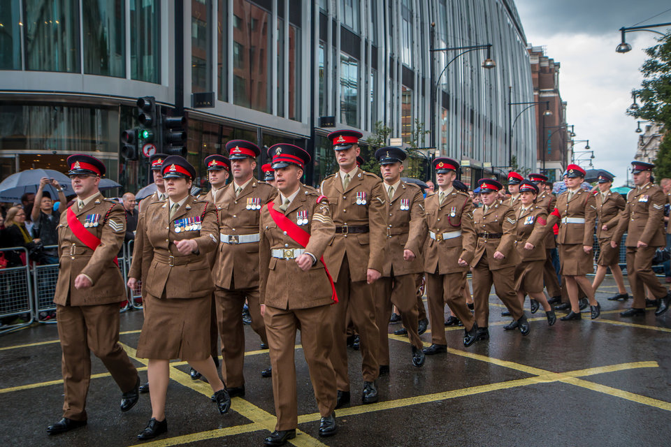 Army personnel marching at Pride in London