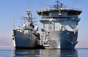 HMS Cornwall alongside RFA Diligence in the Middle East (stock image)