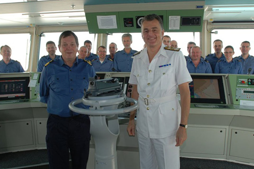 Commodore Bill Walworth, head of the Royal Fleet Auxiliary, visiting RFA Lyme Bay