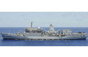RFA Fort Rosalie, with an Apache helicopter on deck, during her deployment on Op ELLAMY