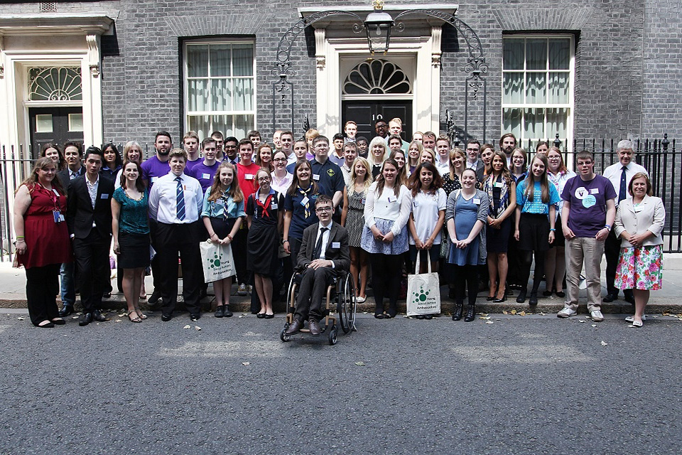 Group of Young Social Action Ambassadors outside Number 10 Downing Street.