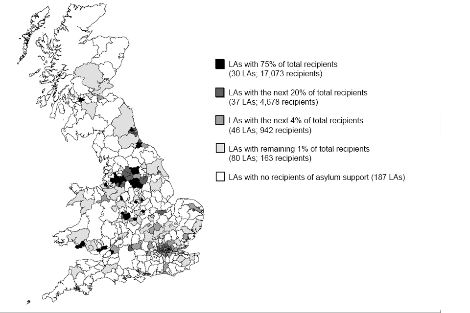 The image shows those in receipt of asylum support under Section 95 by local authority for England, Scotland and Wales as at 31 December 2013. The data are available in Table as 16 q.