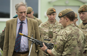 Minister for Reserves Julian Brazier with British troops taking part in Exercise Sabre Junction [Picture: Staff Sergeant Mark Nesbit, Crown copyright]